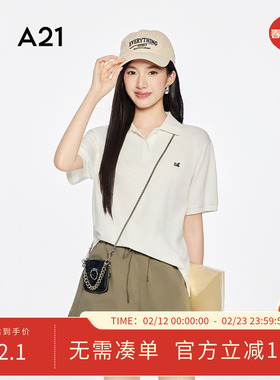 A21女装宝蓝色宽松显瘦薄款T恤2025夏季新款简约休闲百搭翻领上衣