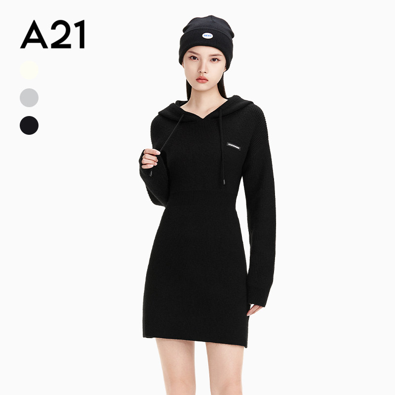 A21女装短款修身抽绳连帽卫衣裙女秋冬新款显瘦休闲针织连衣裙属于什么档次？