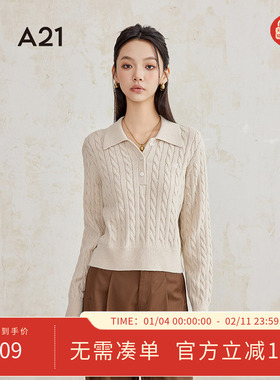 A21女装半开翻领毛针织衫2024秋季新款复古慵懒风宽松落肩袖毛衣