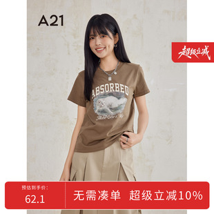 上衣 A21女装 圆领短袖 T恤夏季 纯棉宽松小猫印花情侣装