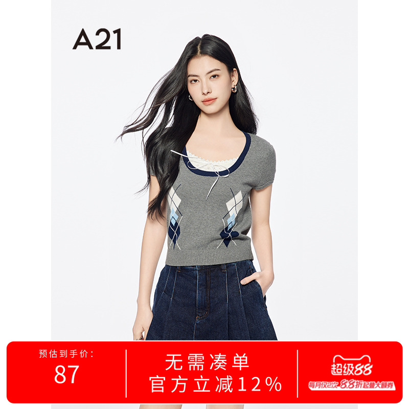 A21女装拼接花边圆领薄毛针织衫