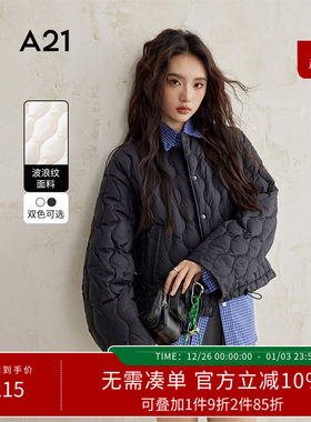 A21女装黑色圆领棉衣冬季新款韩版设计感波纹暗扣宽松落肩袖棉服