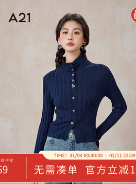 A21女装修身简约半开筒针织衫春秋季翻领落肩套头长袖简约打底衫