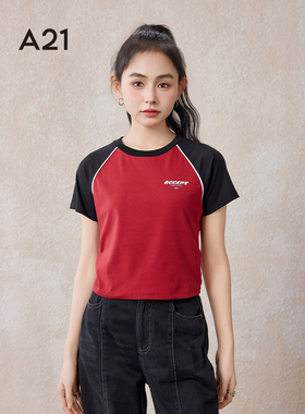 A21女装针织修身圆领插肩短袖T恤夏季美式撞色休闲运动潮牌打底衫