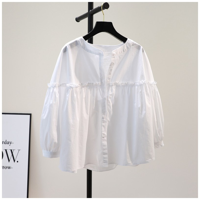 甜美木耳边宽松娃娃衫女韩版春秋减龄显瘦百搭9分袖衬衣立领上衣