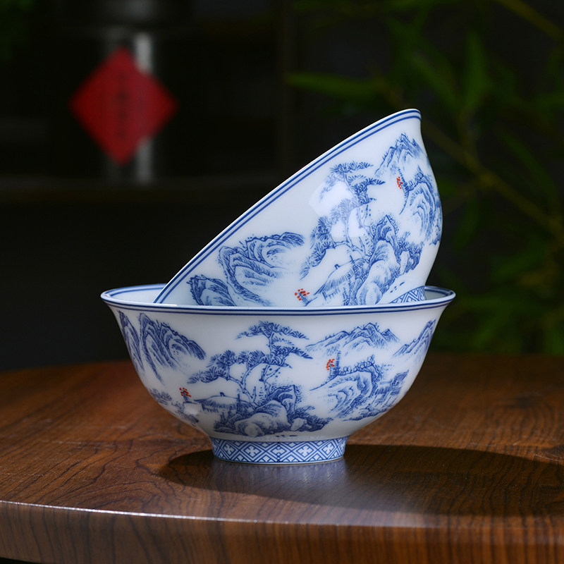 正宗景德镇青花高温陶瓷米饭碗汤面碗中式家用加厚陶瓷餐具山水碗,餐饮具,碗,淘宝优惠券,粉丝福利购,淘宝优惠卷