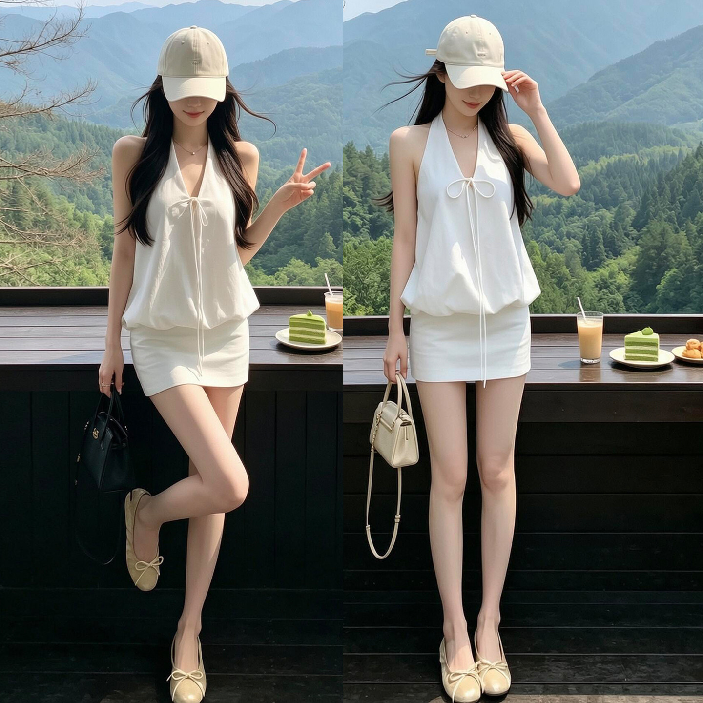 白色挂颈上衣女夏季包臀裙套装
