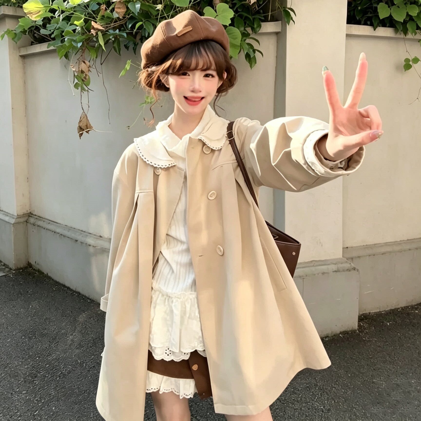 韩系甜美娃娃领风衣女秋季宽松中长款小个子休闲减龄外套