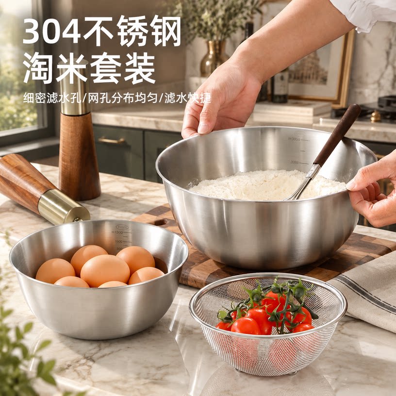 美萍莱304不锈钢盆洗菜盆沥水篮打蛋和面盆子家用厨房新款淘米滤
