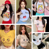 大眼睛短款 白色短袖 t恤女夏跳舞正肩修身 上衣圆领纯棉露脐主播DJ