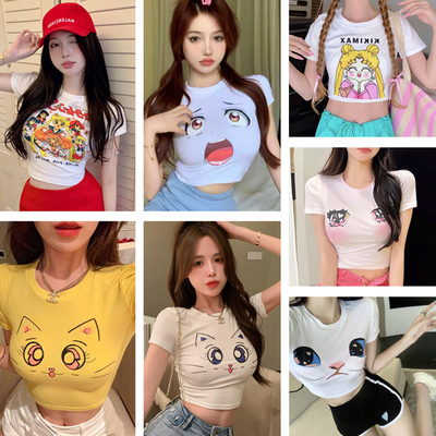 白色短袖t恤女夏跳舞正肩修身大眼睛短款上衣圆领纯棉露脐主播DJ