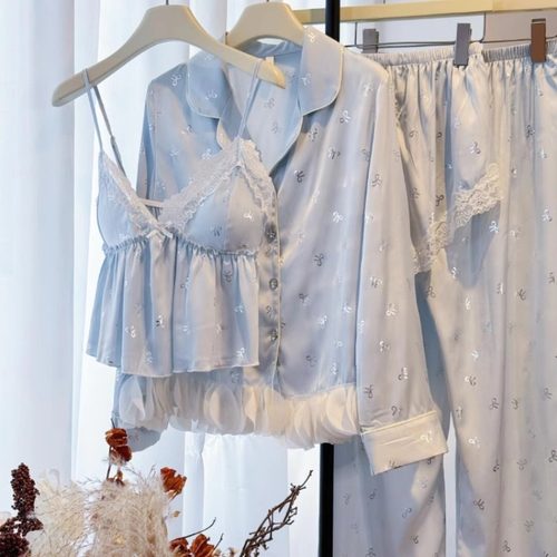 法式纯欲风冰丝睡衣女春秋夏季2025新款吊带胸垫开衫四件套家居服