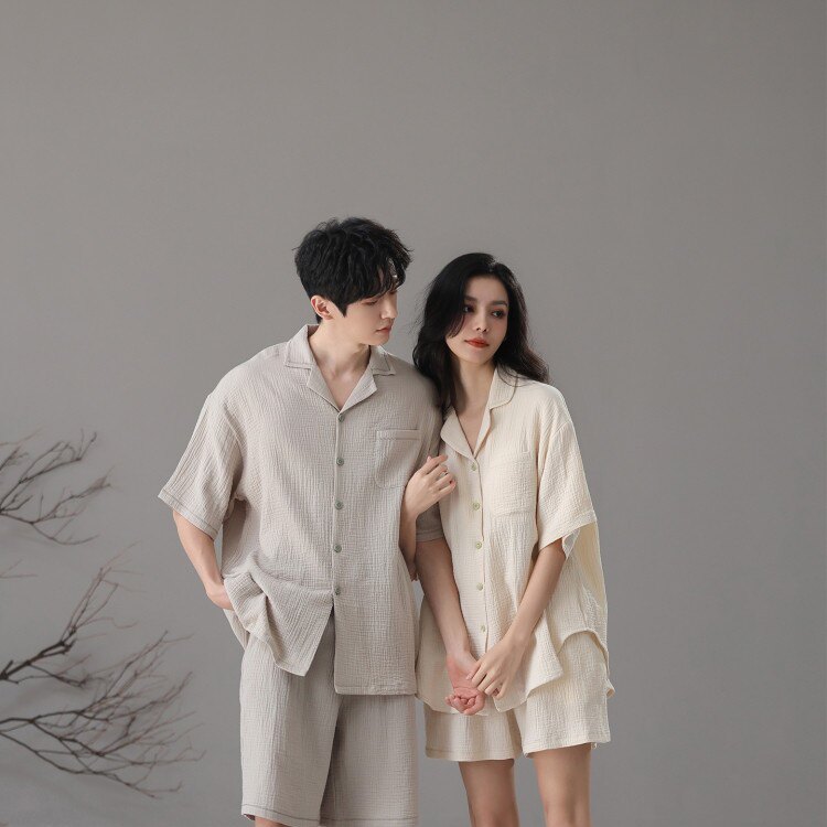 侘寂风情侣睡衣宽松纯棉双层纱男女士家居服套装 2025夏