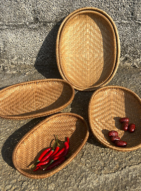 竹编制品椭圆形簸箕烟熏竹筛农家用晾晒托盘水果茶点蔬菜竹篮果盘