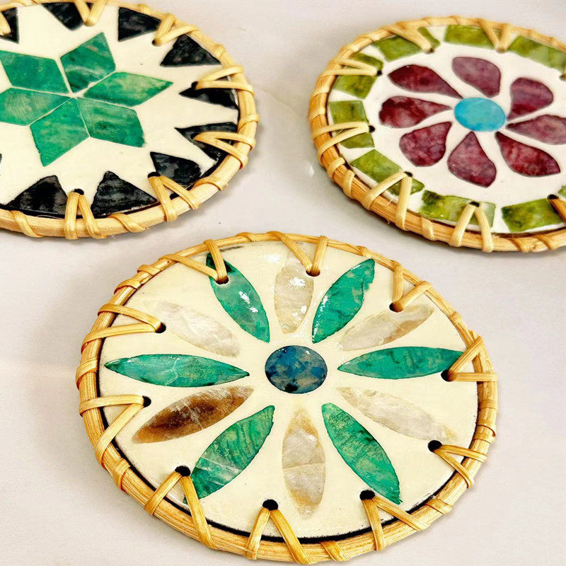 东南亚手工藤包边彩贝壳杯垫天然贝母隔热垫轻奢隔热垫贝壳杯垫