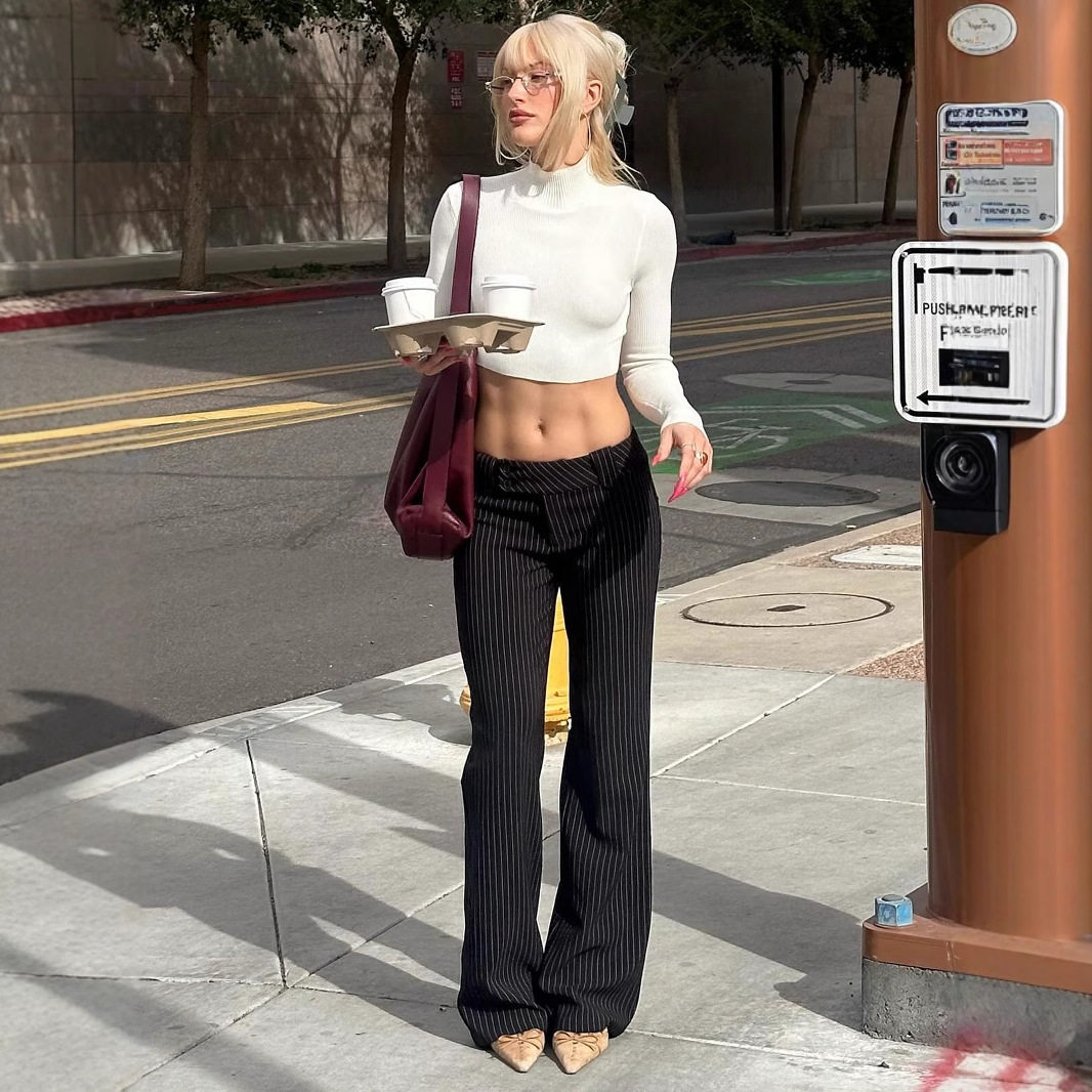 Striped low waisted casual pants条纹低腰微喇休闲长裤女西装裤