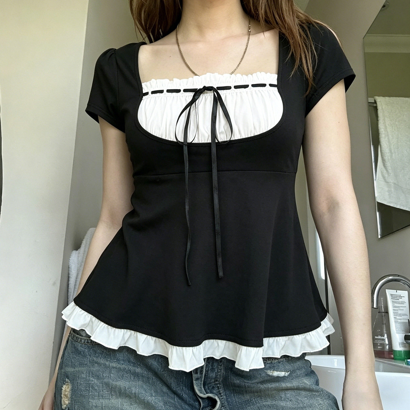 French A-line ruffled T-shirt 法式甜美风系带蝴蝶结短袖上衣女