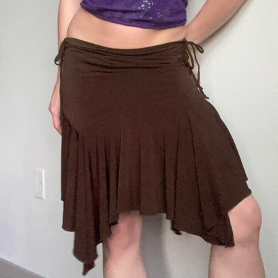 Brown pleated irregular skirt 棕色褶皱低腰系带不规则半身裙女