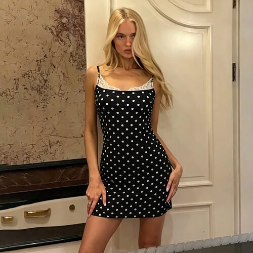 Polka dot sexy dress蕾丝花边拼接吊带裙纯欲辣妹波点性感连衣裙