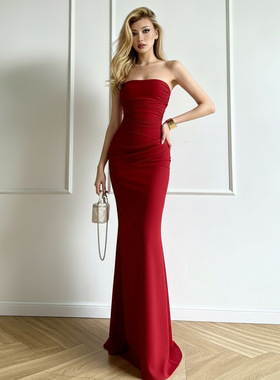 Sexy red strapless pleated dress性感长裙女红色抹胸褶皱连衣裙