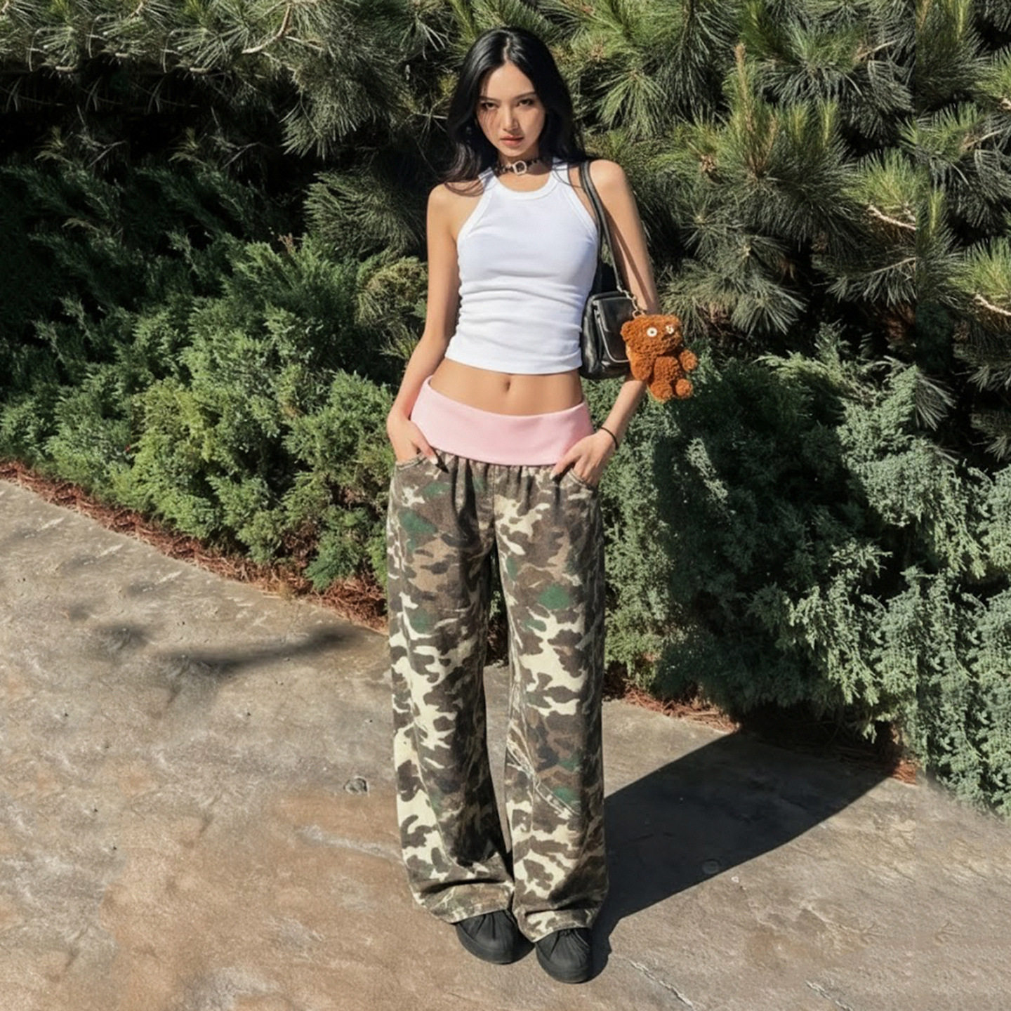 Hot girl camouflage casual pants辣妹低腰迷彩宽松休闲直筒裤女