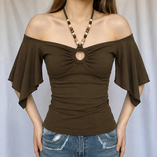 Hot Girl One Shoulder T-shirt 美式不规则蝙蝠袖圆环上衣女T恤