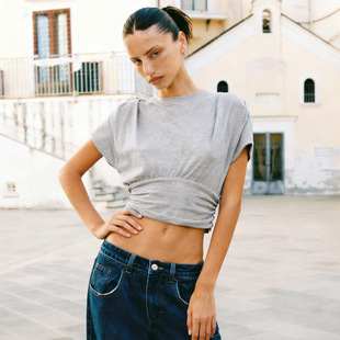 sports T恤运动休闲短袖 top women简约束腰蝙蝠袖 上衣女 for Grey