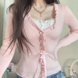 Pink lace knitted top温柔风假两件长袖T恤粉色百搭花边针织上衣