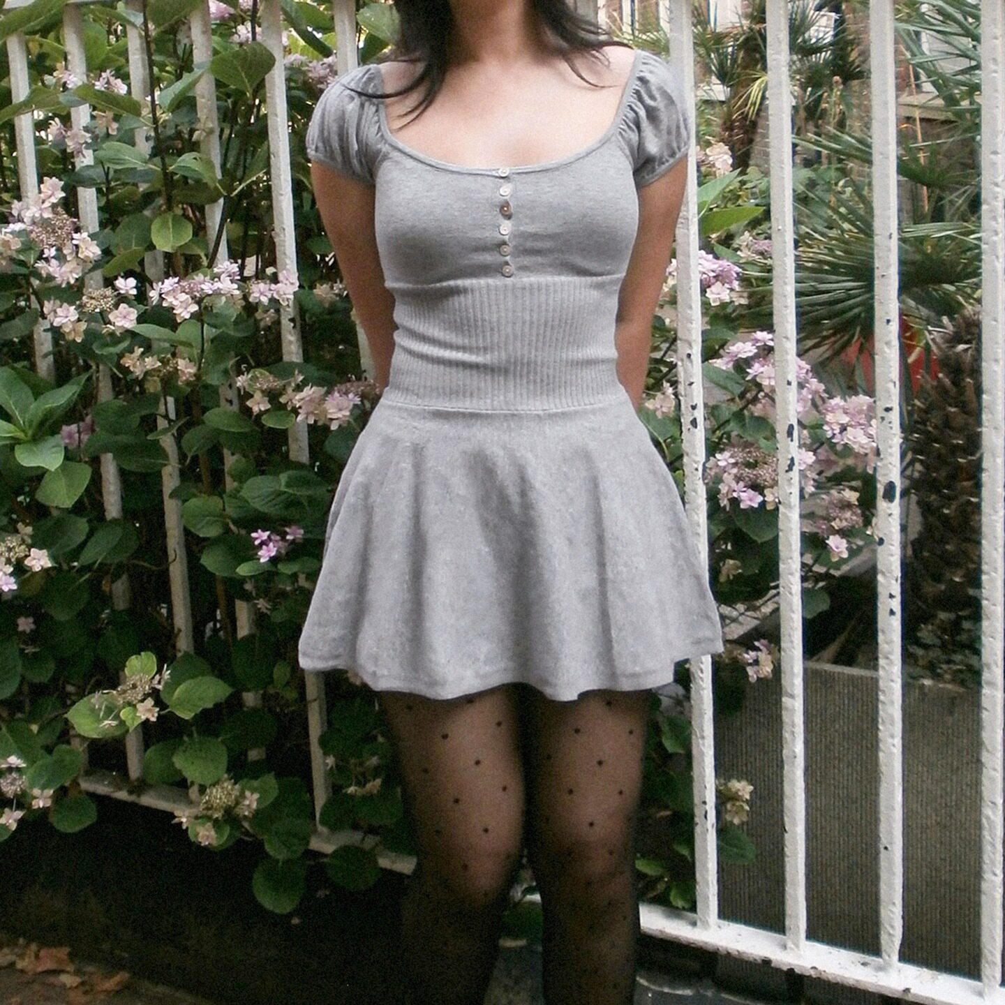 Bubble sleeve dress 辣妹灰色连衣裙女泡泡袖收腰方领针织短裙夏