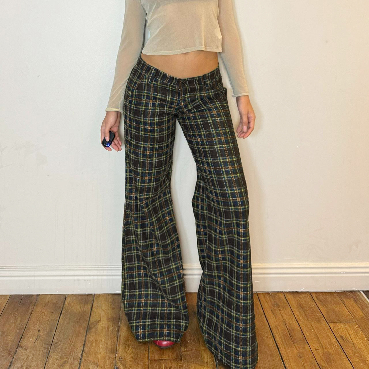 Retro plaid casual pants美式复古格纹显瘦休闲梭织裤女阔腿长裤