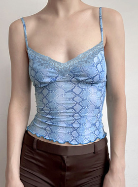 Lace camisole vest浅蓝色蛇纹印花蕾丝拼接吊带个性外穿小背心女