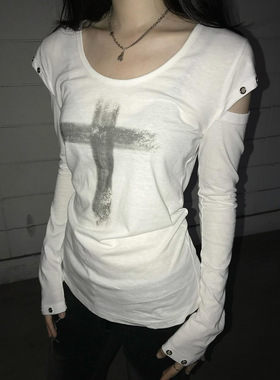 Cross printed knitted top小众镂空长袖T恤十字架印花针织上衣女