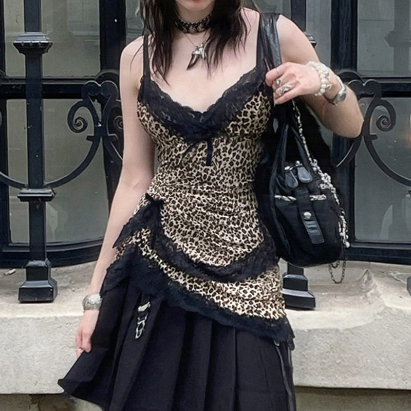 Leopard lace camisole vest豹纹蕾丝拼接吊带背心辣妹不对称内搭