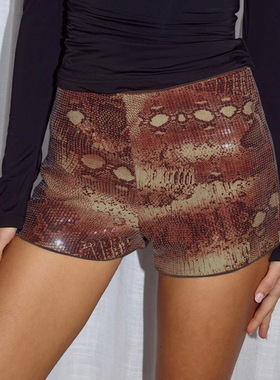 Serpentine sequin women's shorts低腰辣妹短裤复古蛇纹亮片热裤