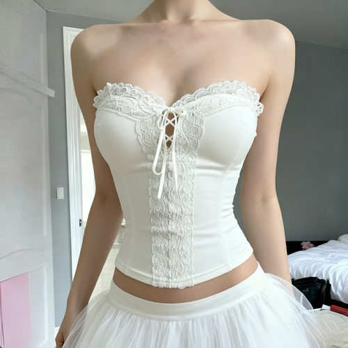 Sexy lace patchwork vest性感纯欲风蕾丝拼接绑带抹胸女打底上衣