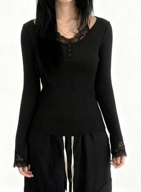 Sexy Lace Knitted Top 性感纯欲风坑条拼蕾丝花边针织上衣女长袖