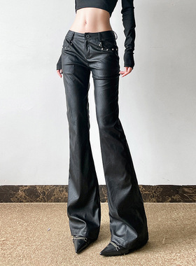 Sexy Hot Girl Black Leather Pants 性感辣妹黑色皮裤女微喇长裤