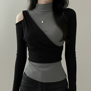 Korean casual mid high neck top 韩系半高领露肩上衣女打底长袖