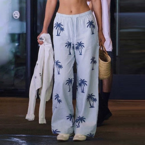 Vacation style loose pants休闲度假风印花松紧腰抽绳宽松长裤女