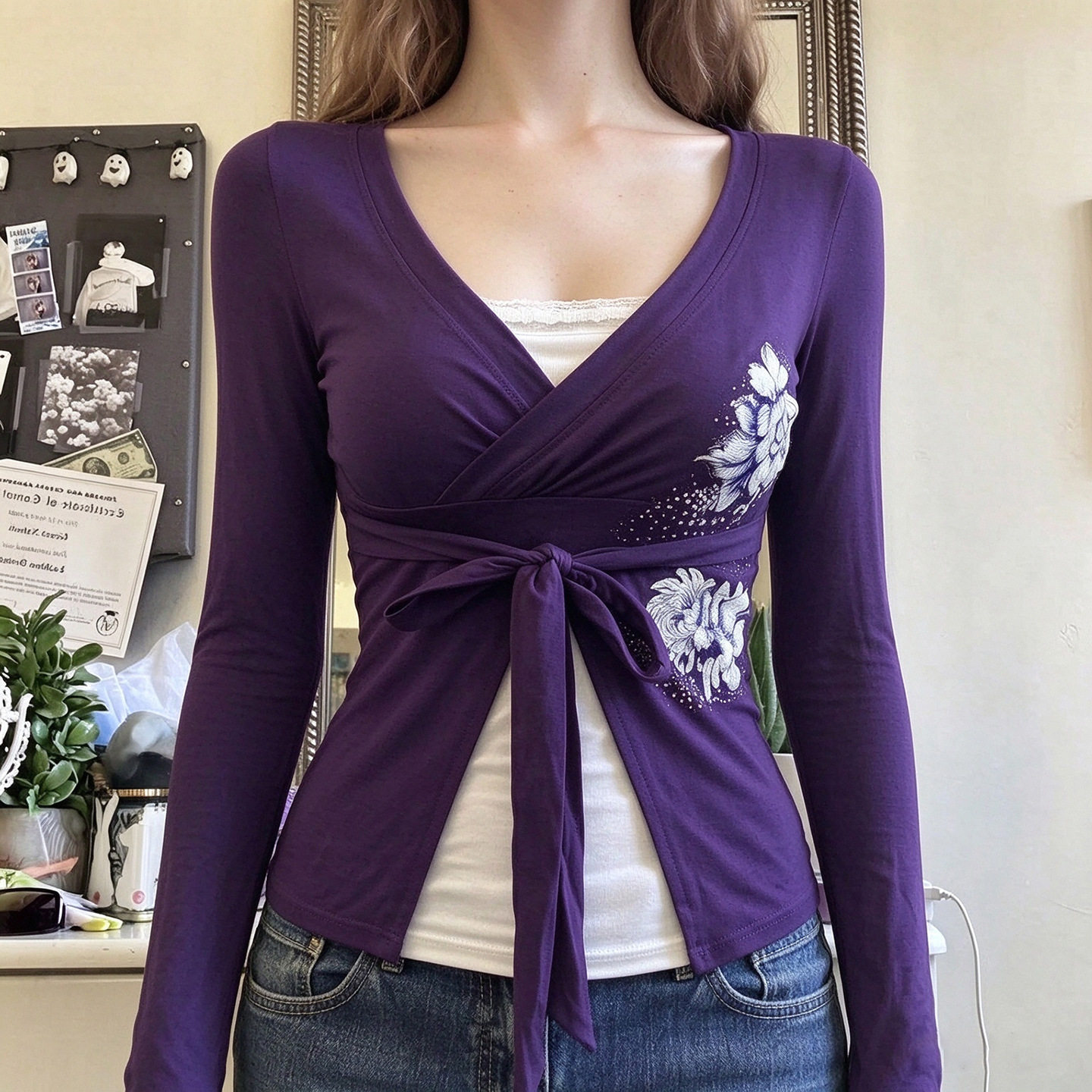 Sexy women's outf 复古风收腰绑带印花上衣T恤欧美休闲百搭长袖