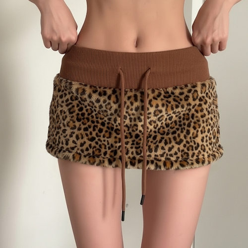 Leopard print fur short skirt 辣妹豹纹毛毛拼接蝴蝶结系带短裙