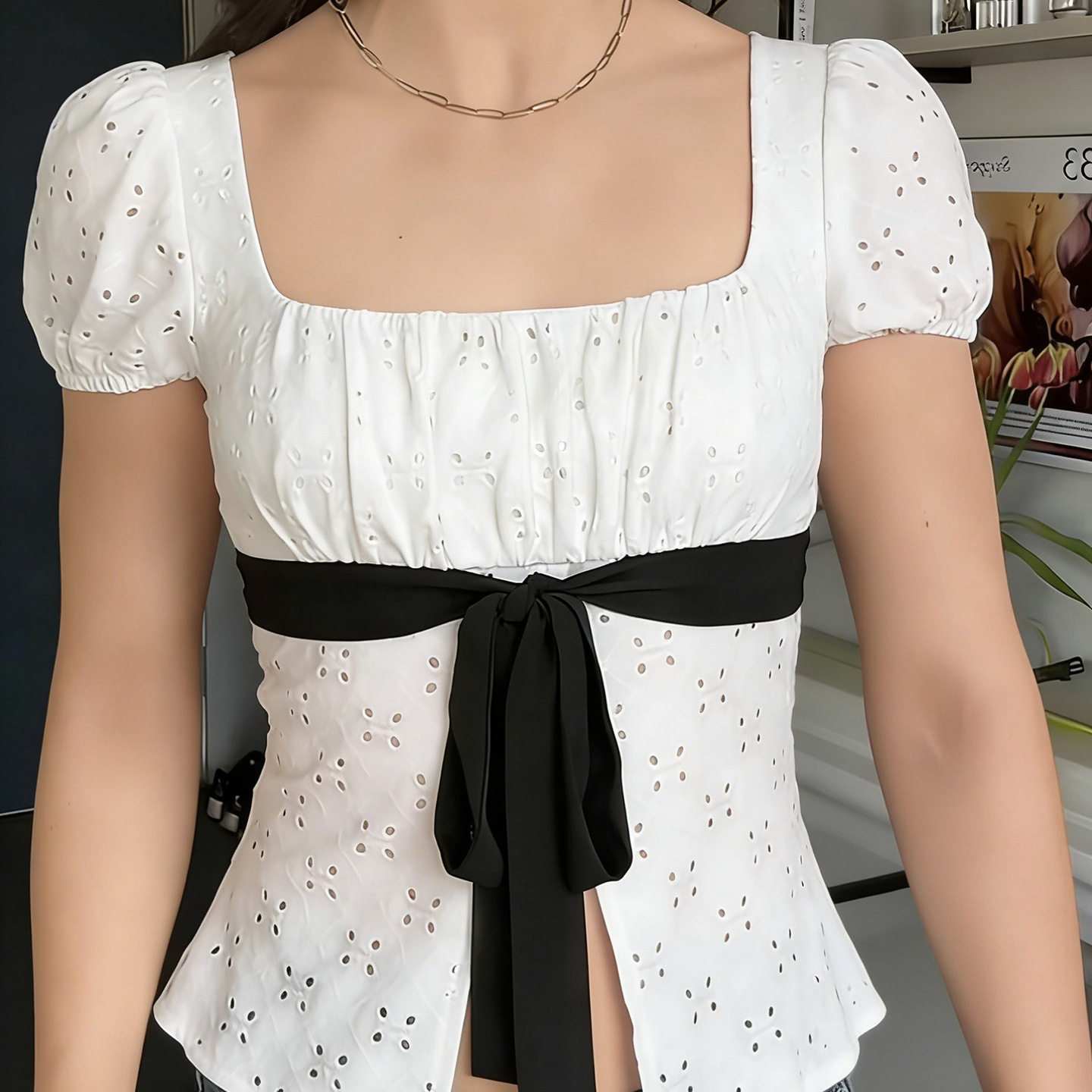 Bubble sleeve T-shirt for women甜美风方领上衣系带泡泡袖T恤女