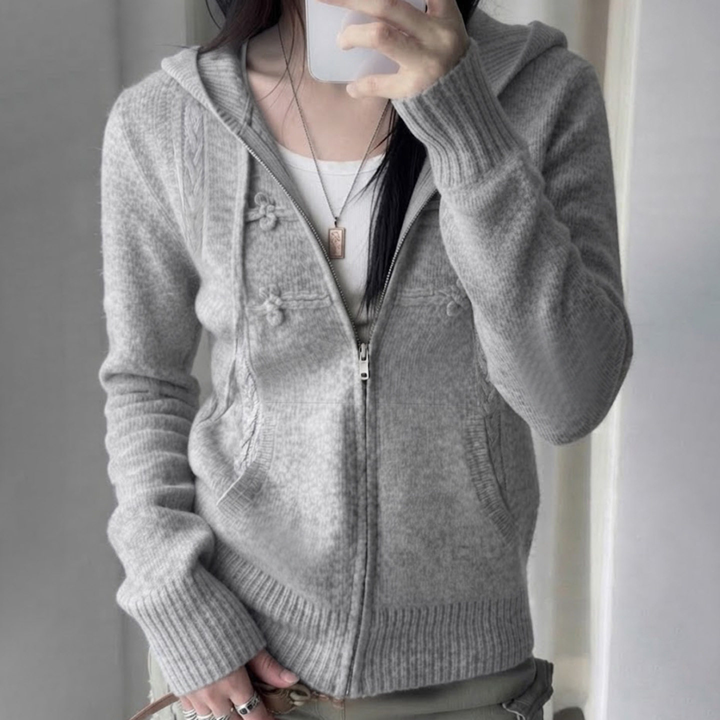 Sexy women's outf 欧美风连帽领排扣毛织外套女秋冬纯色休闲上衣