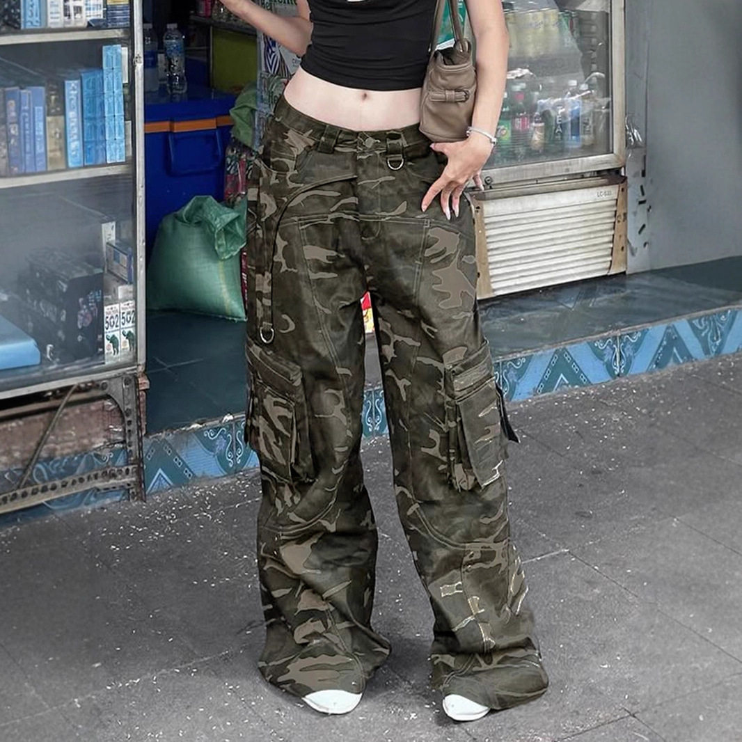 Hot girl camouflage jeans 迷彩工装裤低腰辣妹宽松休闲牛仔裤女