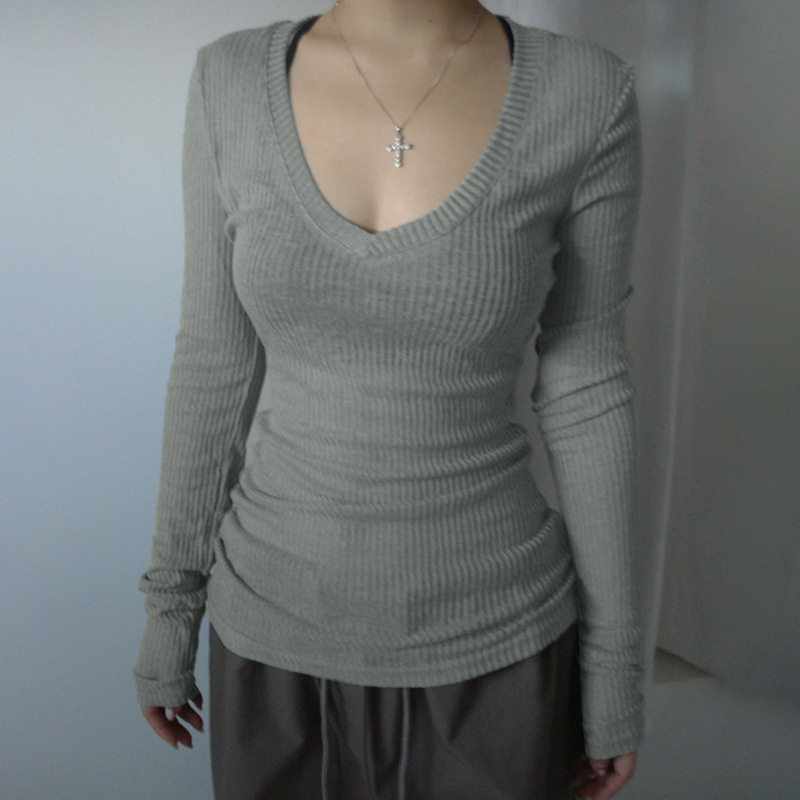 V-neck sexy thin T-shirt for women V领性感辣妹长袖薄款t恤女
