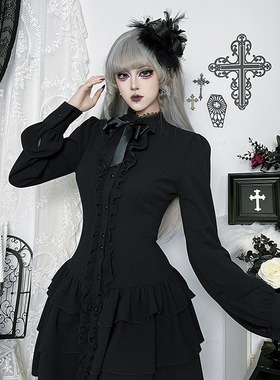 Gothic style black long sleeved dress 哥特风黑色长袖连衣裙女