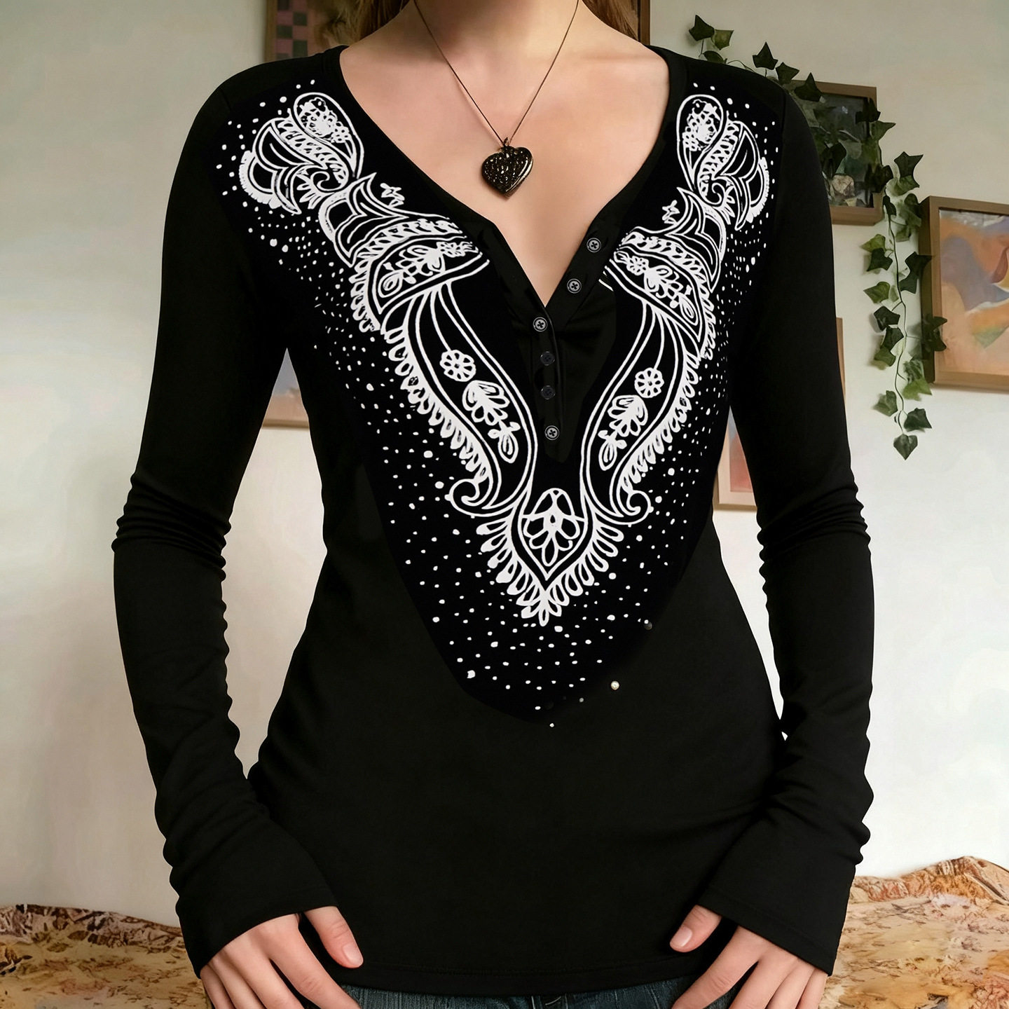 Dark style printed top哥特暗黑风印花长袖上衣V领休闲薄款T恤女