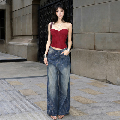 Spicy girl low waist loose jeans辣妹烫钻宽松直筒裤阔腿牛仔裤