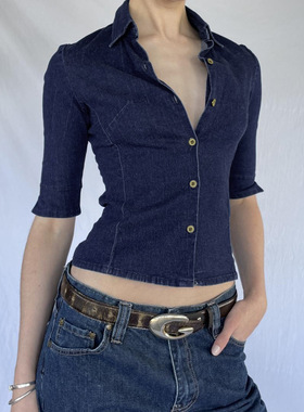 Deep blue waist cinched shirt 深蓝色单排扣修身中袖衬衫女上衣
