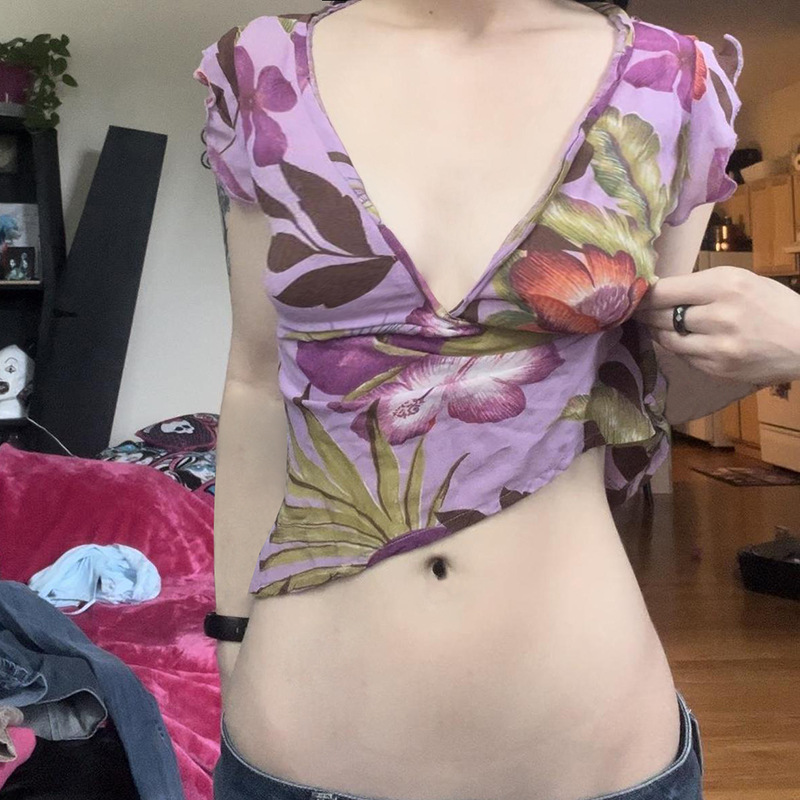 Sexy vacation style T-shirt性感度假风飞飞袖T恤修身短上衣女夏